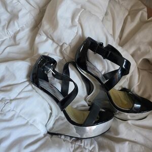 Black Patent Platform Sandals with Silver Wedge